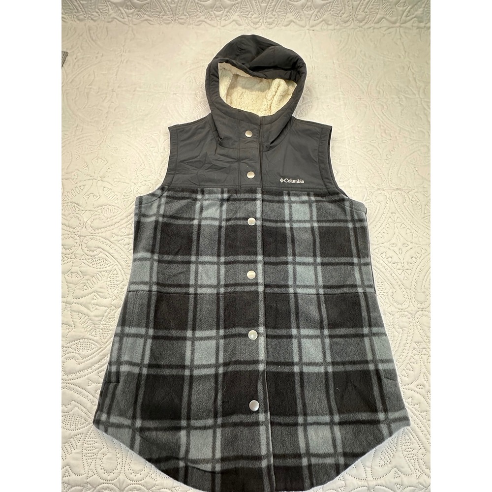Columbia Womens Gray Black Plaid Sherpa Lined Hooded Fleece Vest Size M